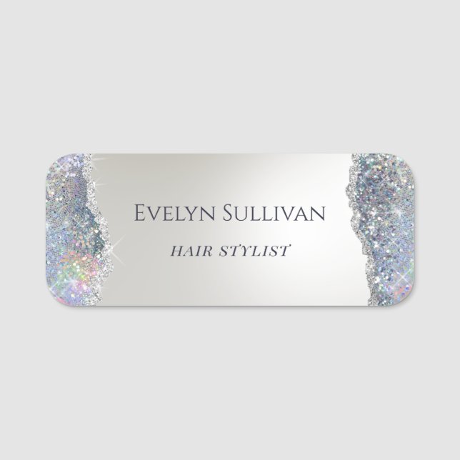 Porte-nom Faux iridescente argent feuille de parties scintil (Devant)