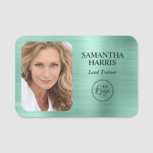 Porte-nom Faux Light Teal Foil Logo et Photo