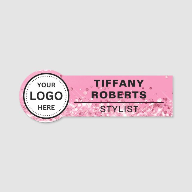 Porte-nom Faux Pink Parties scintillant Company Logo Employé (Devant)