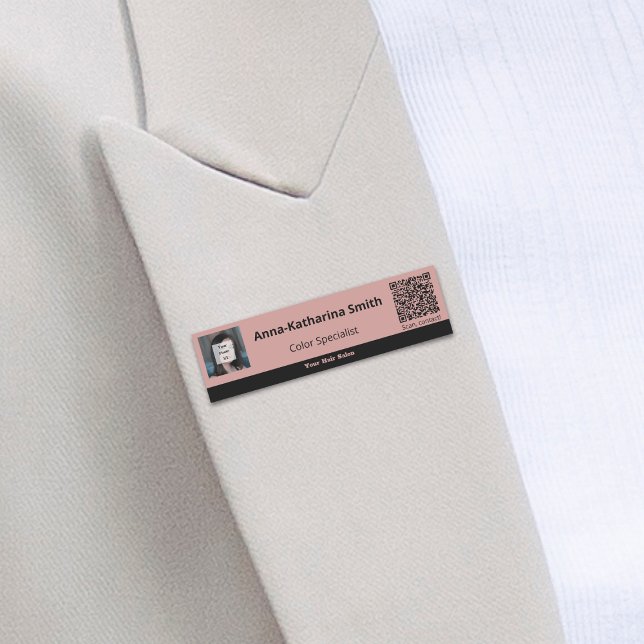 Porte-nom Image noire rose professionnelle Code QR (Professional Pink Black Image QR-code Name Tag)