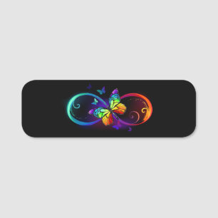 Porte-nom Infini vibrant avec papillon arc-en-ciel sur noir