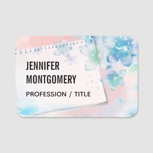 Porte-nom Jolies fleurs bleues sur Arrière - plan rose (Devant)