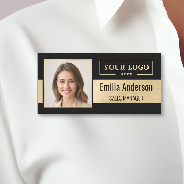 Porte-nom Logo d'entreprise personnalisé Photo d'employé Or  (Créateur téléchargé)