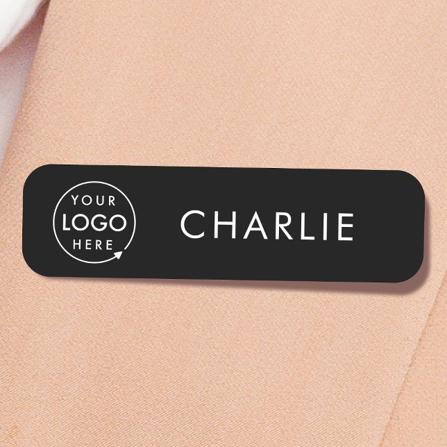 Porte-nom Logo d'entreprise | Personnel des employés noirs m (Sleek black company branded staff name tags for team & employee identification.)