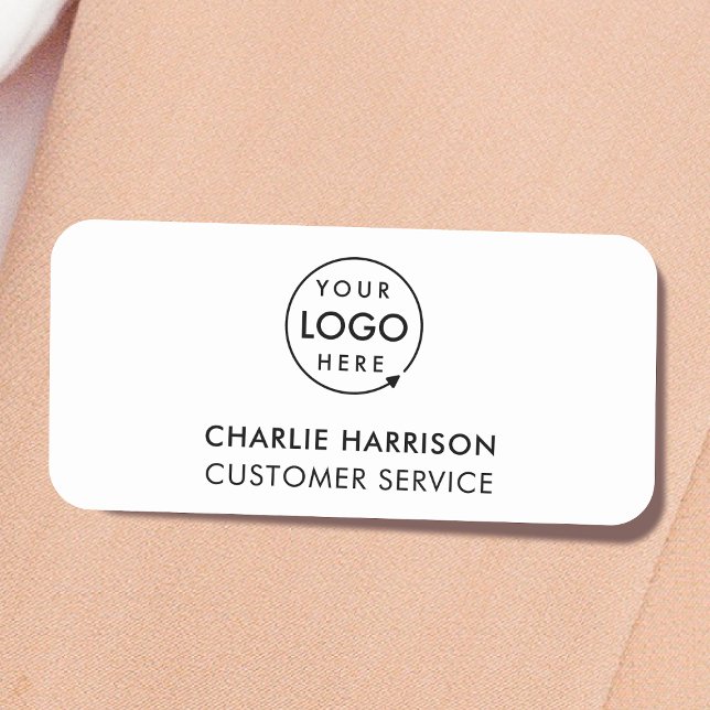 Porte-nom Logo d'entreprise | Personnel personnalisé moderne (Minimal white company branded staff name tags for team & employee identification.)