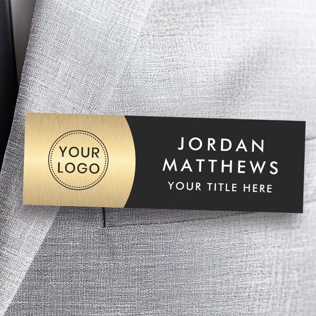 Porte-nom Logo moderne, nom et titre dégradé doré noir (Modern logo, name and title golden gradient black name tag)