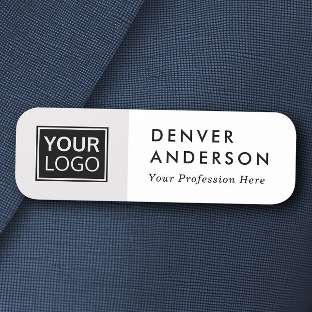 Porte-nom Logo, nom et titre personnalisés gris clair et bla (Light gray and white custom logo, name and title name tag)
