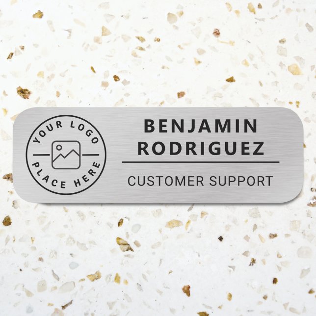 Porte-nom Logo personnalisé Employé Faux magnétiques Argent (Custom Logo Employee Magnetic Faux Silver Name Tag)