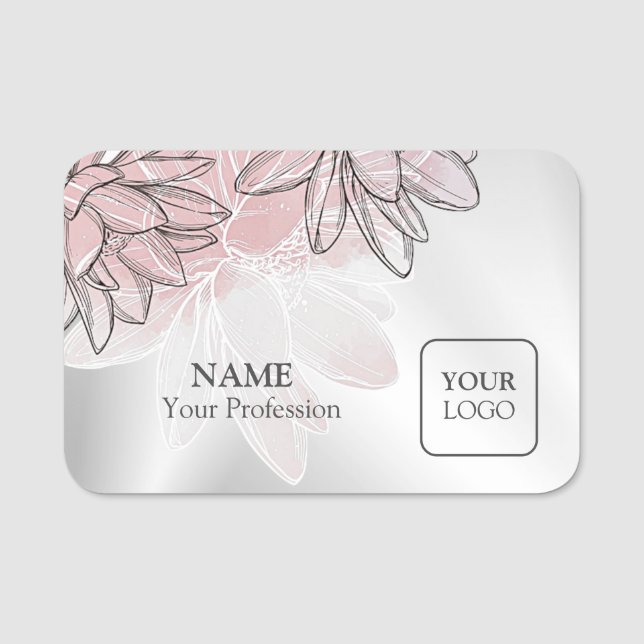 Porte-nom Logo personnalisé Fleurs blanches roses Aquarelle  (Devant)