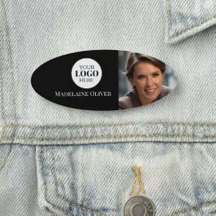 Porte-nom Logo Photo Noir Blanc Simple Oval