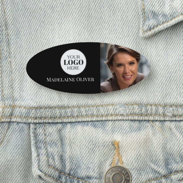 Porte-nom Logo Photo Noir Blanc Simple Oval (Créateur téléchargé)