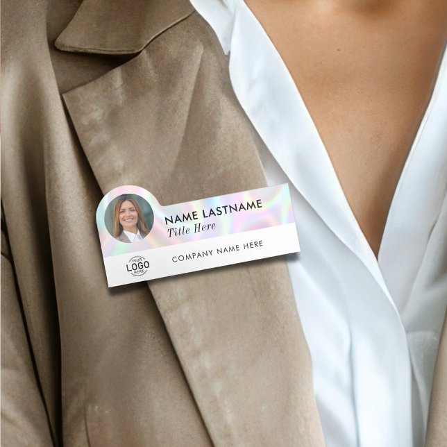 Porte-nom Logo Photo Titre Sleek Faux Employé Holographique (Créateur téléchargé)