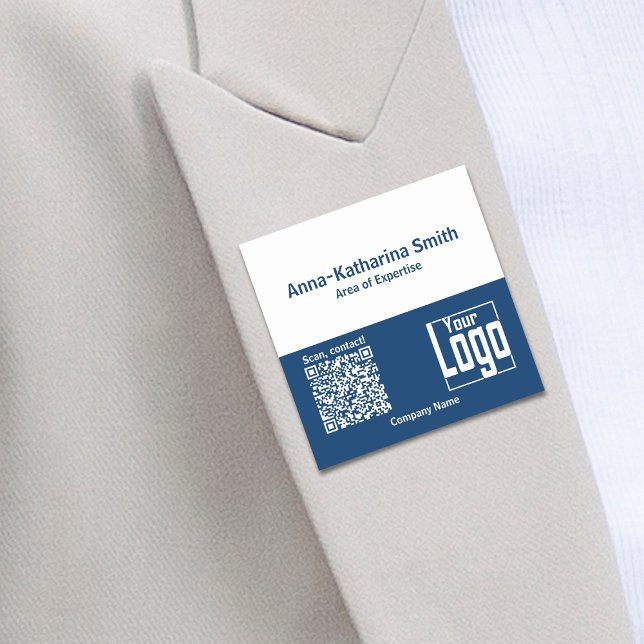 Porte-nom Logo QR-Code Société Expertise Bleu Blanc (QR-Code Logo Company Expertise Blue White Name Tag)