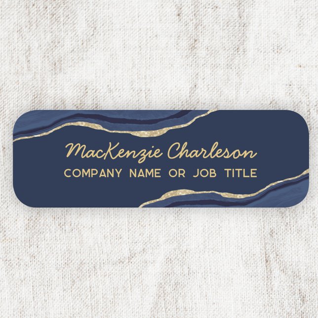 Porte-nom Marine Marbre bleu Agate Géode Or Parties scintill (Navy blue agate marble geode gold modern script business name tag)