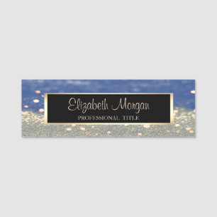 Porte-nom Moderne Élégant, Cadre, Fond Bokeh Paillettes Bleu