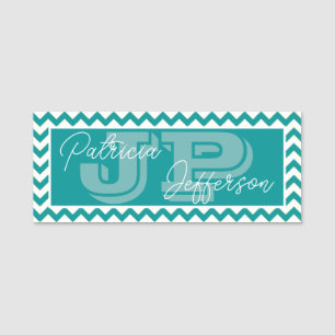 Porte-nom Moderne Monogrammed Blue-Green Turquoise Chevron M