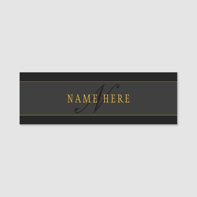 Porte-nom Monogramme de script élégant noir et or (Devant)