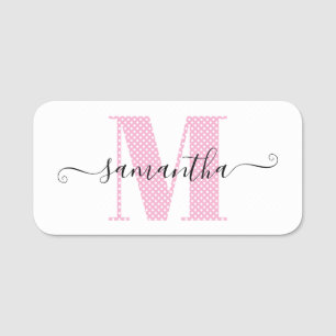 Porte-nom Monogramme Féminin Rose Clair et Blanc à Points