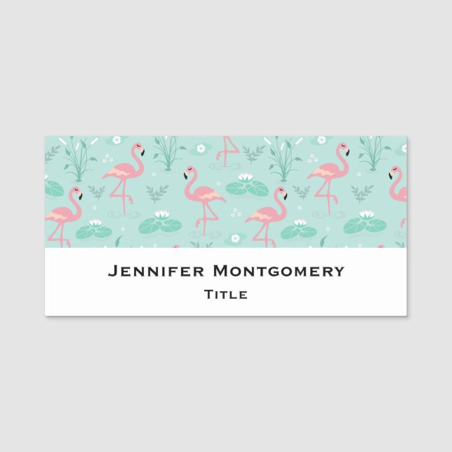 Porte-nom Motif vert Flamants roses rose Pastel (Devant)