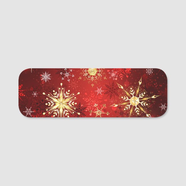 Porte-nom Noël Golden Snowflakes sur Arrière - plan rouge (Devant)