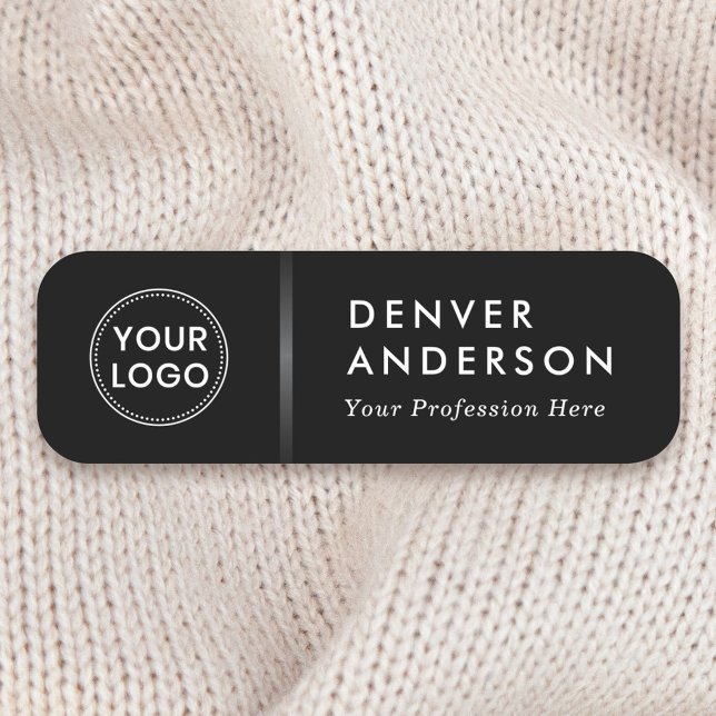 Porte-nom Nom du logo titre classe dégradé noir (Elegant, black name tag with your custom logo and gray gradient divider)