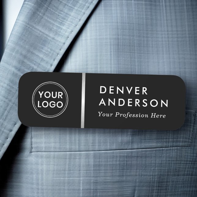 Porte-nom Nom du logo titre classe noir argent gris diviseur (Logo name title classy black silver gray divider name tag)