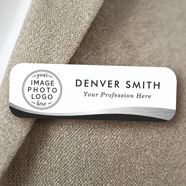Porte-nom Nom du logo titre noir blanc faux dégradé argent (Custom logo name tag with black and silver gray gradient wave)
