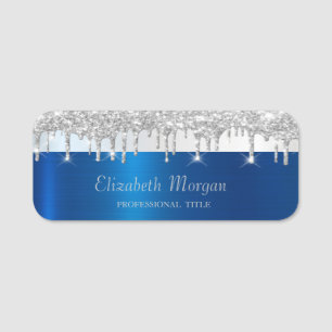 Porte-nom Pailleté argenté gouttes rayure bleu métallisé