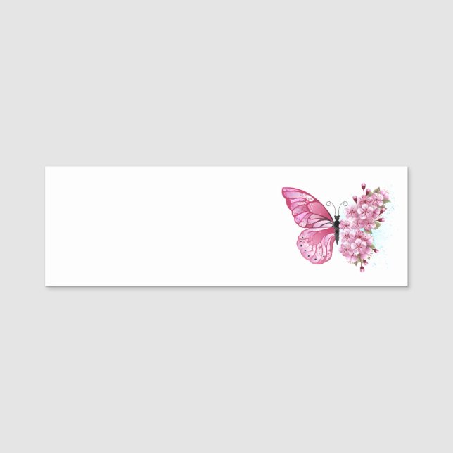 Porte-nom Papillon à fleurs avec Sakura rose (Devant)