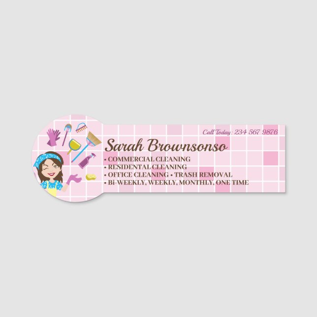 Porte-nom Pink Janitorial Custom Cartoon Cleaning Staff (Devant)