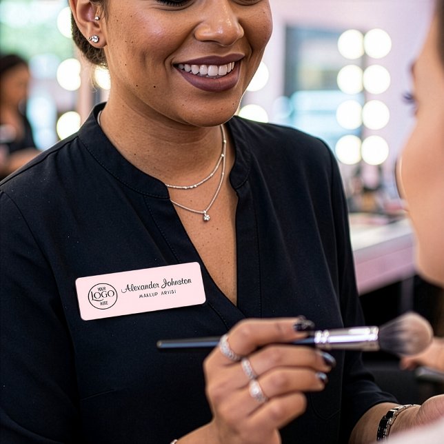 Porte-nom Pink & White Script Makeup Personalize (Blush Pink with Black Script Makeup Peronalized Name Tag)