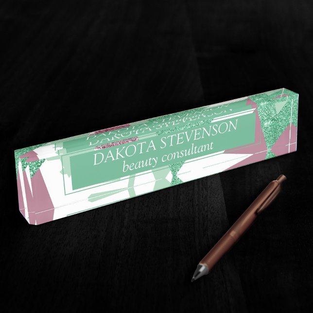 Porte-nom Pour Bureau 80s Abstraits frais | Motif de formes rose et vert (Créateur téléchargé)