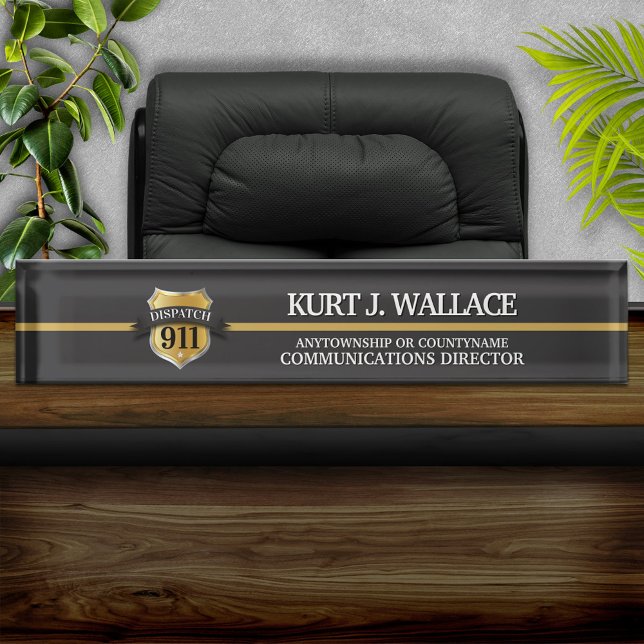 Porte-nom Pour Bureau 911 Dispatcher Thin Gold Line Shield Acrylique (Créateur téléchargé)