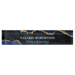 Porte-nom Pour Bureau Agate Bleu et Or Bureau Nom Plate