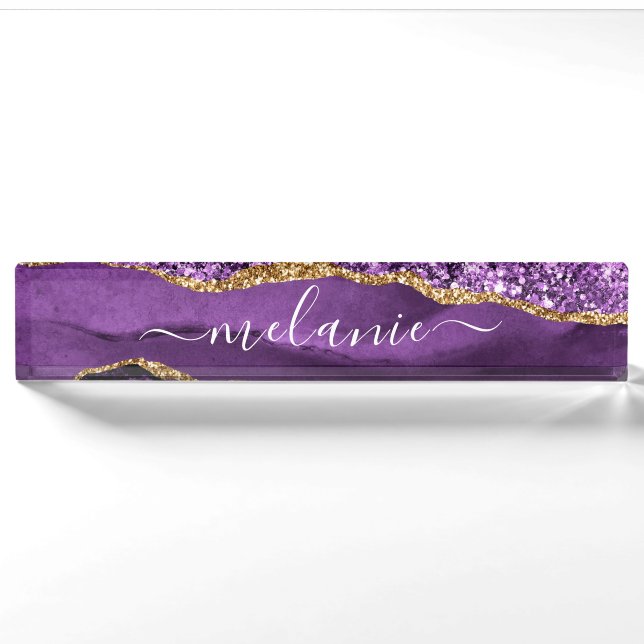 Porte-nom Pour Bureau Agate Purple Gold Parties scintillant personnalisé (Devant)