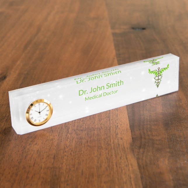 Porte-nom Pour Bureau Alternative Médicale Caduceus Vert Feuilles Blanc (Taille)