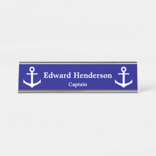 Porte-nom Pour Bureau Ancre de bleu marine et de blanc de Custom de