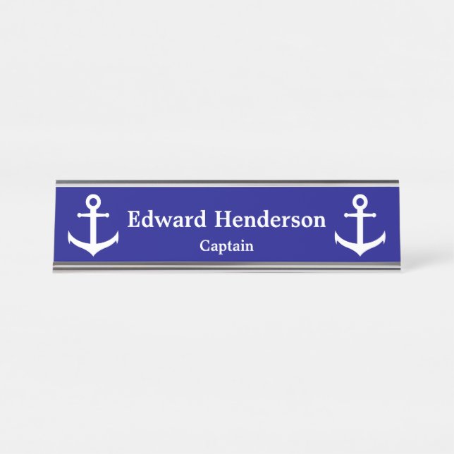 Porte-nom Pour Bureau Ancre de bleu marine et de blanc de Custom de (Devant)