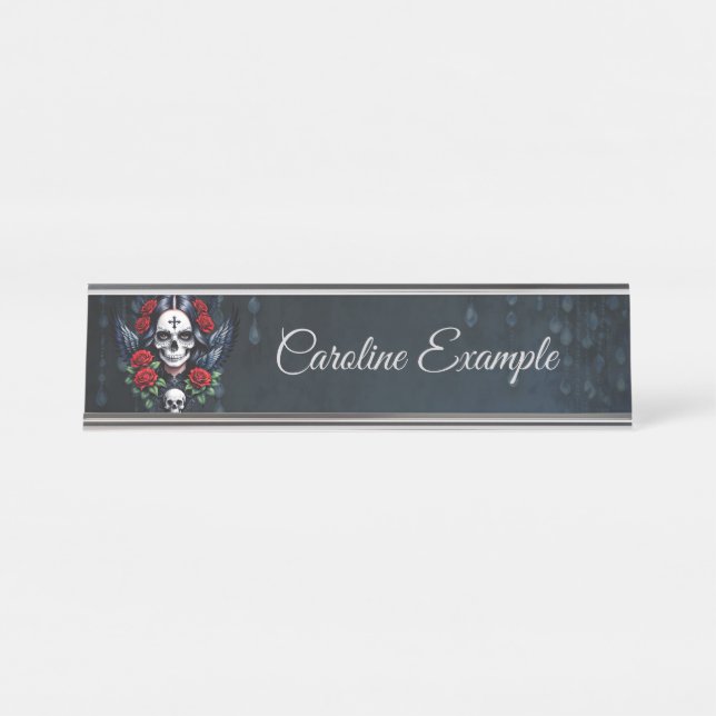 Porte-nom Pour Bureau Ange crâne sucre avec Roses. (Devant)
