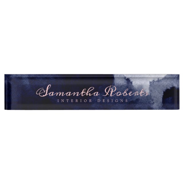 Porte-nom Pour Bureau Aquarelle bleu marine chic rose Abstrait (Devant)