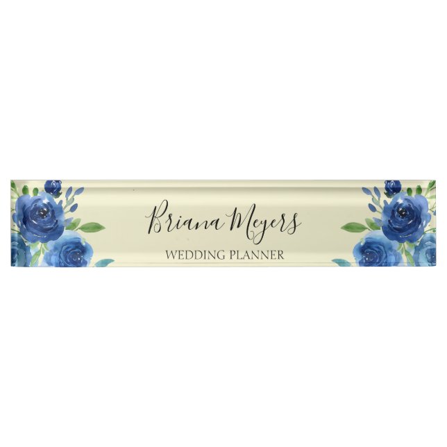 Porte-nom Pour Bureau Aquarelle bleu marine Moderne Florale (Devant)