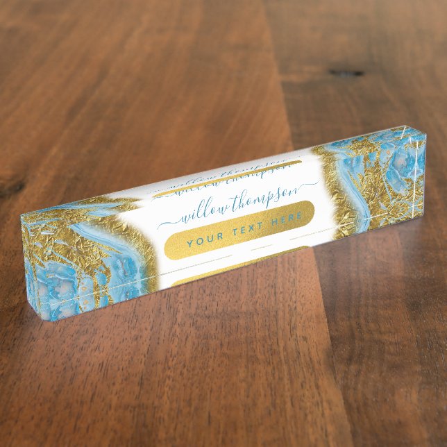 Porte-nom Pour Bureau Aquarelle bleue Marbre et or Foil (Taille)