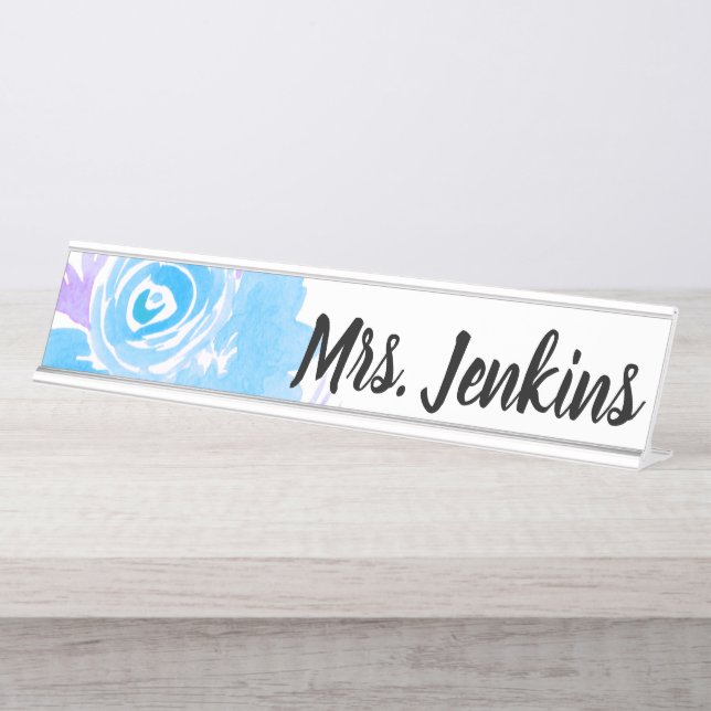 Porte-nom Pour Bureau Aquarelle Blue Floral Enseignants (Devant)