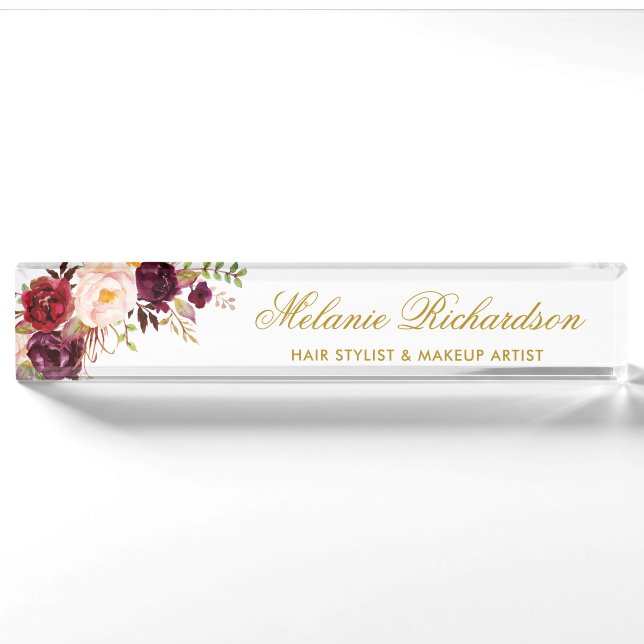 Porte-nom Pour Bureau Aquarelle Bourgogne Floral Or (Devant)