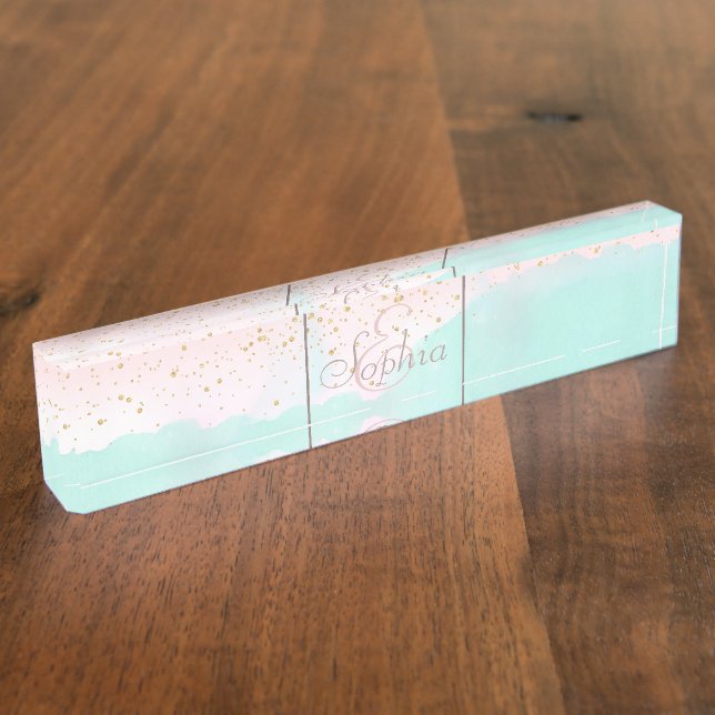 Porte-nom Pour Bureau Aquarelle Conception de confettis abstrait et doré (Taille)