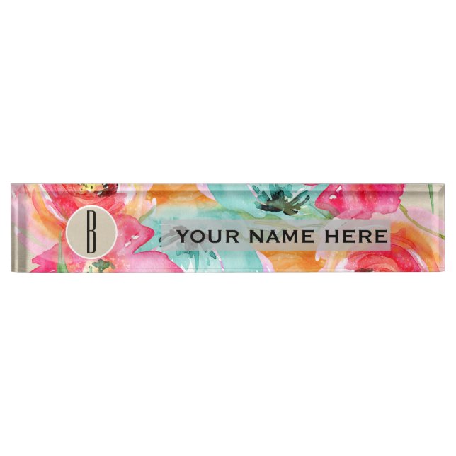 Porte-nom Pour Bureau Aquarelle florale brillante moderne Kraft (Devant)