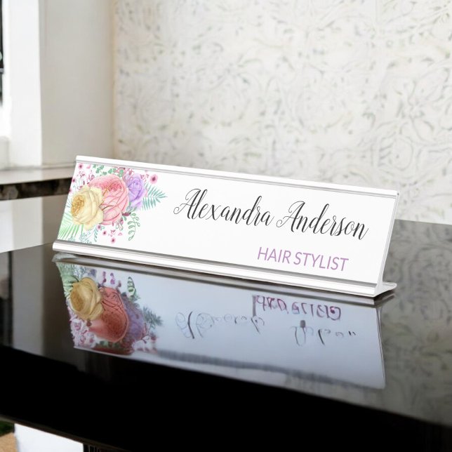 Porte-nom Pour Bureau Aquarelle florale Pastel rose violet jaune (Créateur téléchargé)