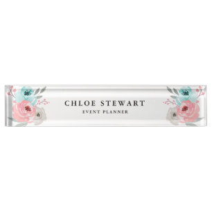 Porte-nom Pour Bureau Aquarelle Florale Rose et turquoise