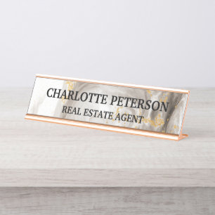 Porte-nom Pour Bureau Aquarelle Gris Et Or Moderne Marbre Liquide