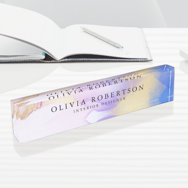 Porte-nom Pour Bureau Aquarelle Lilac Gold Elegant Moderne Personnalisé (Créateur téléchargé)